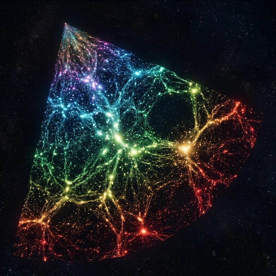 Galaxy survey map showing three-dimensional distribution of galaxies