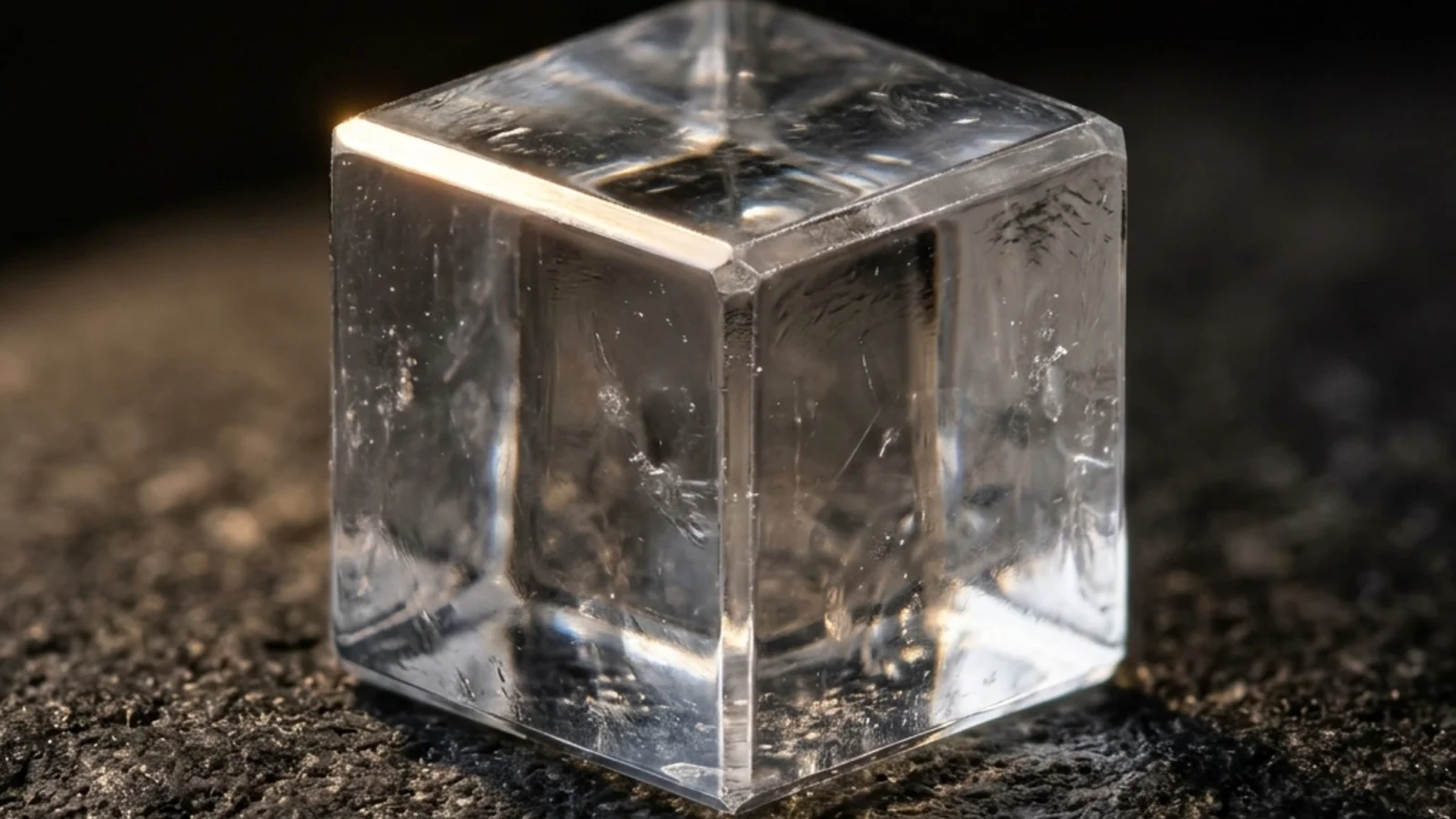 Macro photograph of a single transparent sodium chloride crystal - a perfect cube with sharp 90-degree edges, three faces visible, lit from the upper left against a dark surface