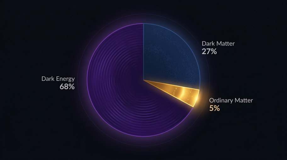 Composition of Universe: Dark Energy 68%, Dark Matter 27%, Ordinary Matter 5%