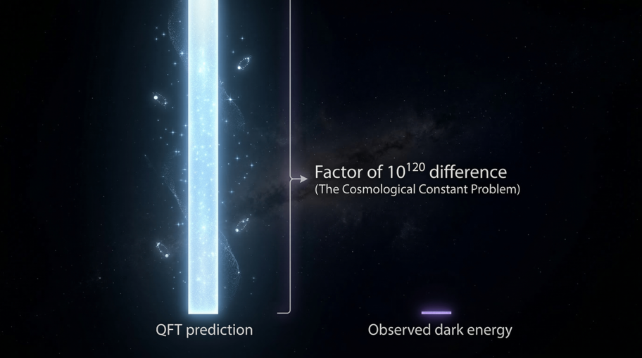 Visual comparison: QFT predicted vacuum energy versus observed dark energy density, off by 120 orders of magnitude