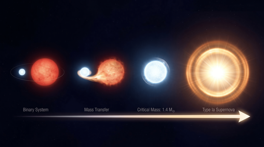 Type Ia supernova: white dwarf reaching critical mass and detonating as a standard candle