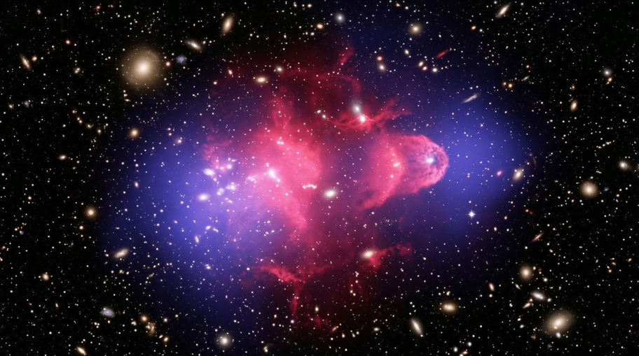 Bullet Cluster Showing Separation of Visible Matter and Dark Matter After Galaxy Collision