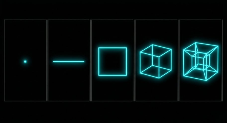Dimensional progression from point to line to square to cube