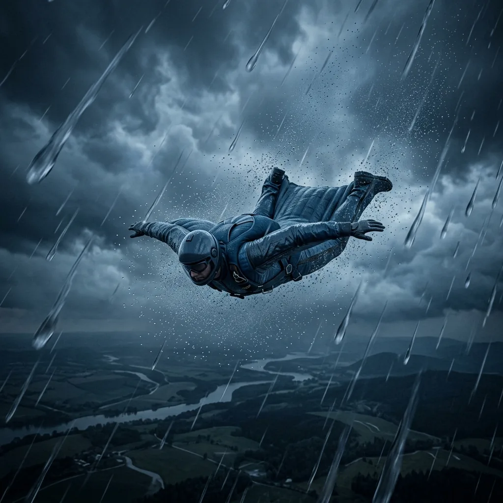 A skydiver spread flat against a dark sky far above a landscape, surrounded by falling raindrops of many sizes, the large ones streaked with speed and the tiny ones hanging almost still as a mist around the figure