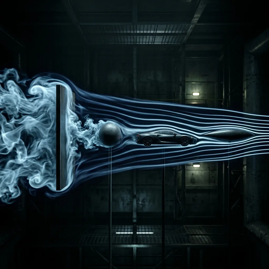 Four shapes in a row inside a dark wind tunnel with glowing smoke lines flowing past them from left to right: a flat plate with a huge churning wake, a sphere with a smaller one, a car with a smaller one still, and a teardrop whose lines close smoothly behind it