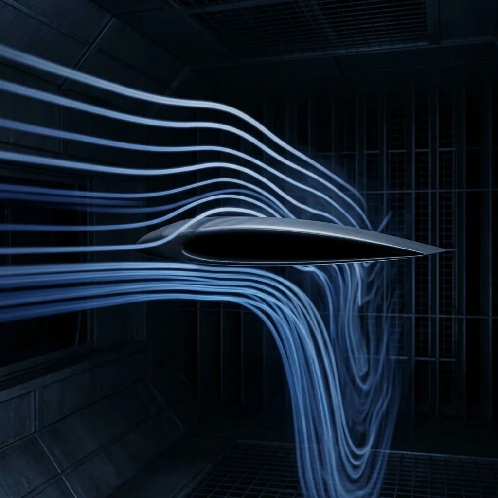 A wing cross-section seen edge-on in a dark wind tunnel, tilted slightly nose-up, with glowing smoke lines bending smoothly over its upper surface and leaving downward behind it, the air above the wing thinned and the air beneath crowded