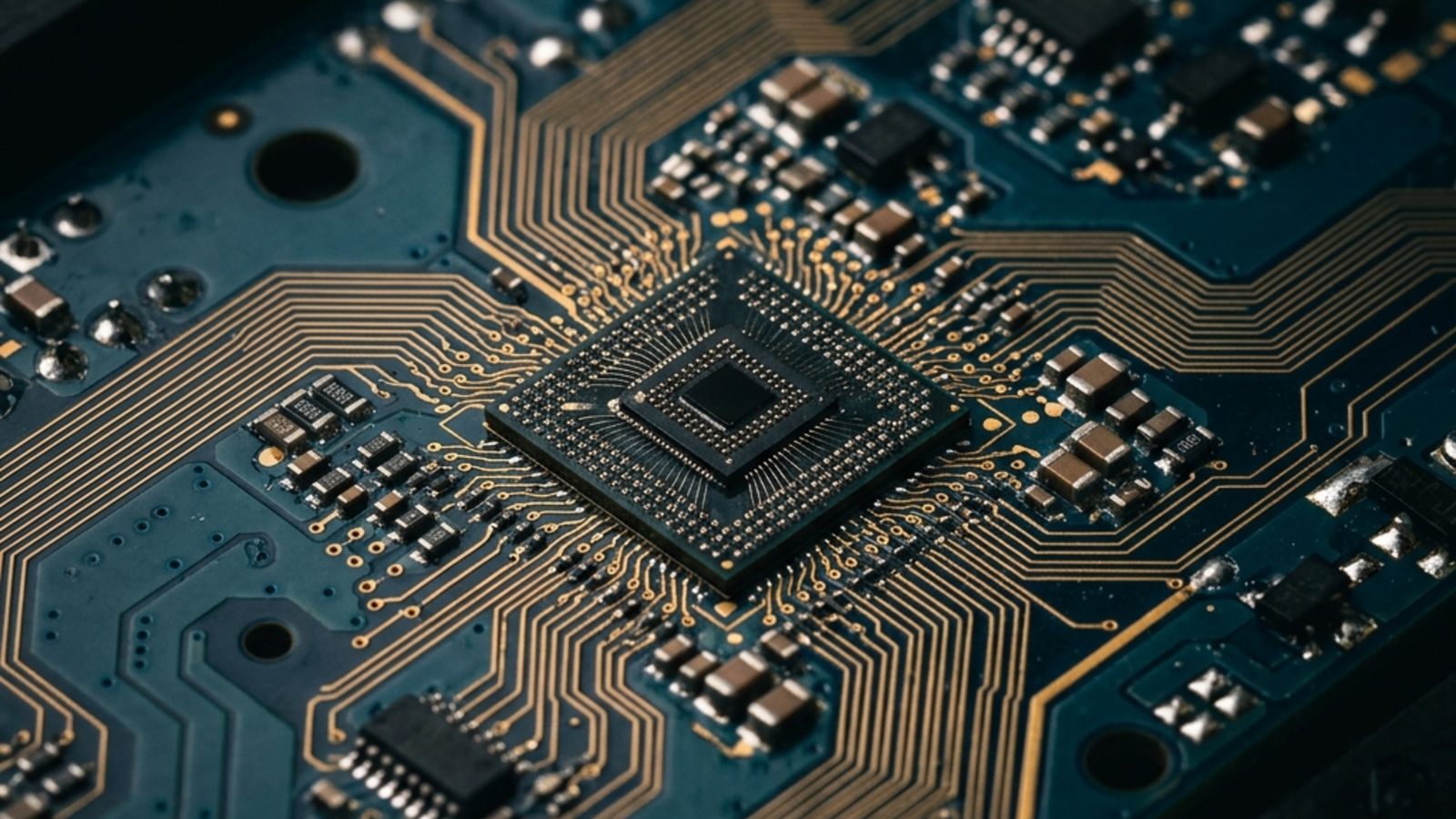 Macro view of a printed circuit board with copper traces and components