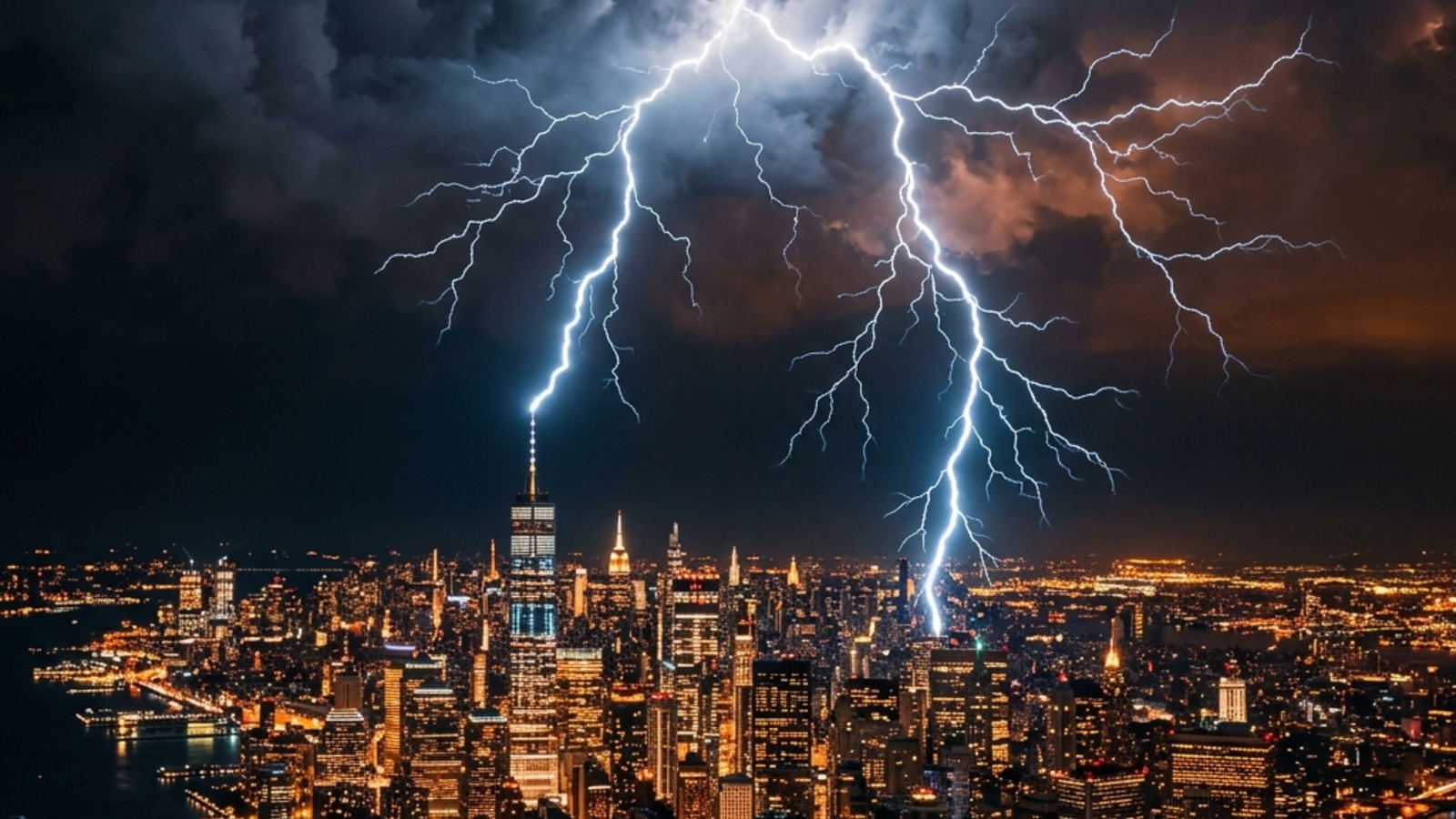 Lightning bolt illuminating a city skyline at night
