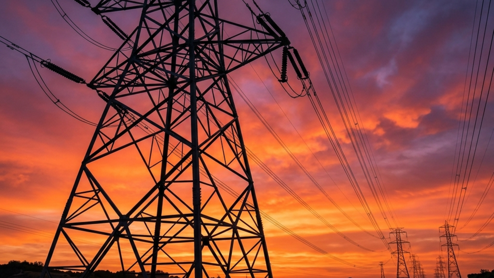 High voltage transmission towers against sunset sky