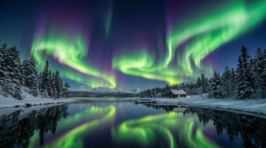 Aurora Borealis Dancing Across Night Sky as Charged Particles Interact with Earth Magnetic Field