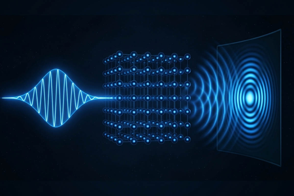 An electron visualized as a traveling wave packet with a specific wavelength, diffracting around a crystal lattice and producing a visible interference pattern of concentric rings on a detector behind it