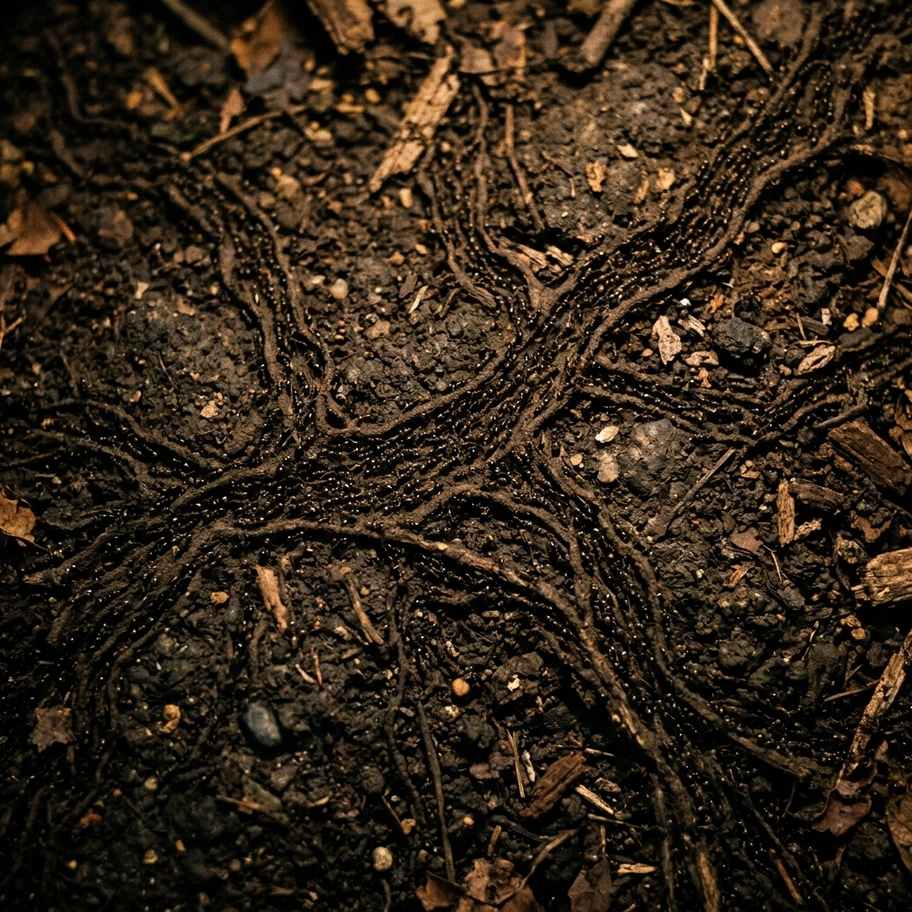 Ant colony trail network forming organized highways from simple individual behavior