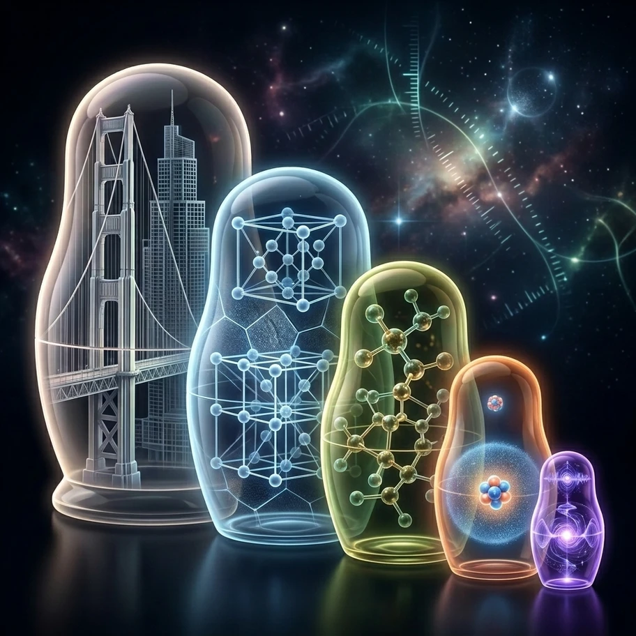 Russian nesting dolls where each layer represents a different scale of physics from quantum fields to everyday objects