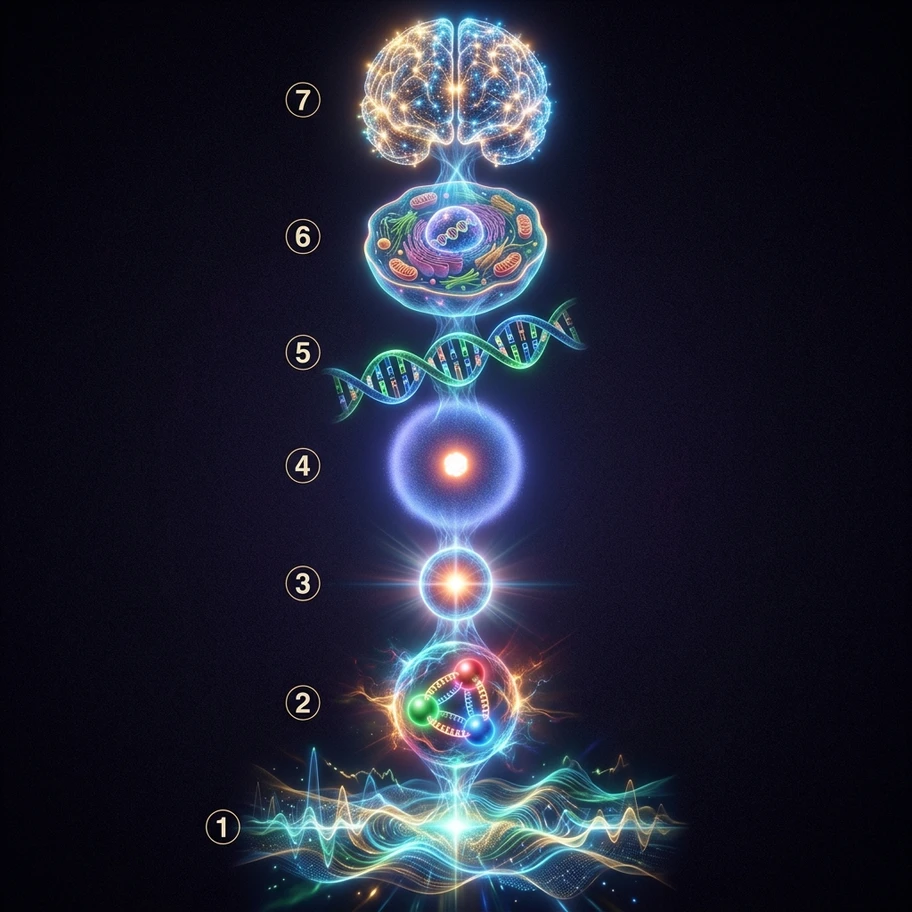 Vertical tower of nested scales from quantum fields to quarks to atoms to molecules to cells to brain