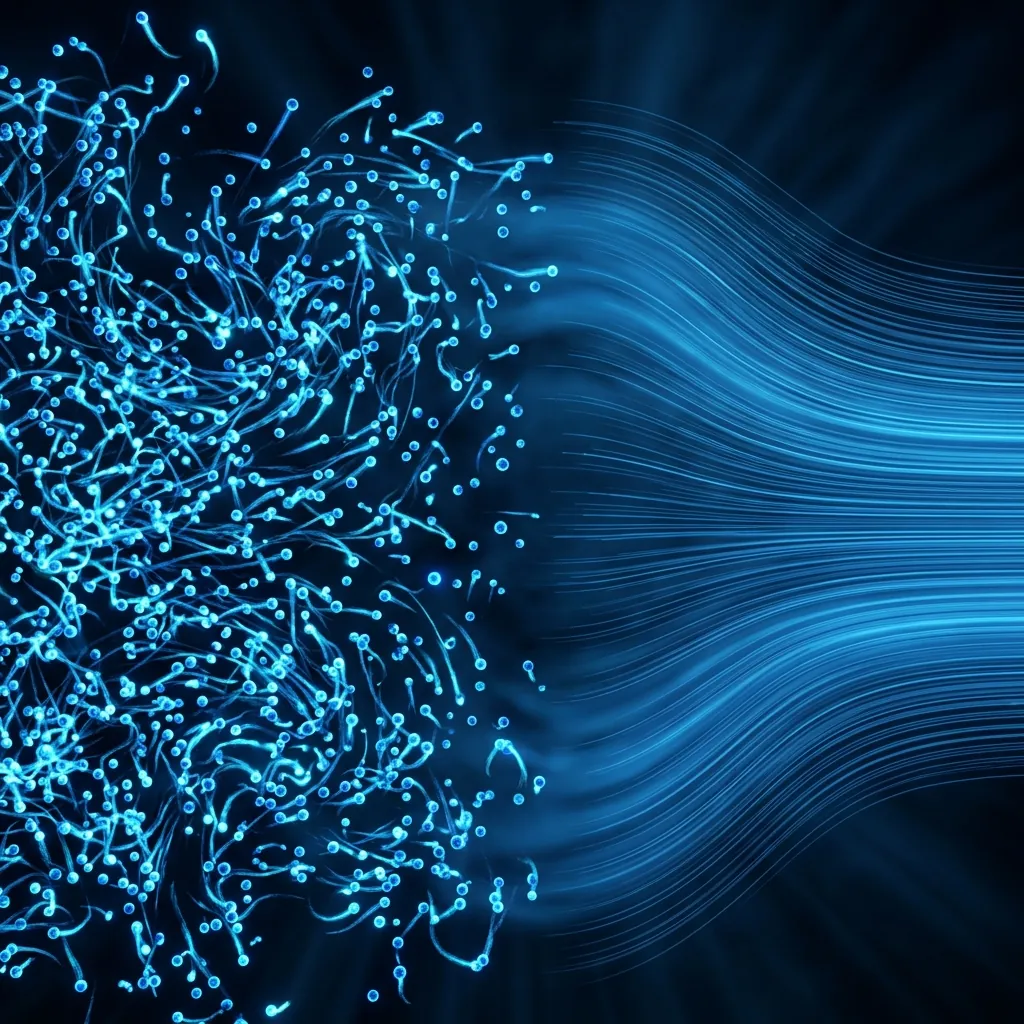A horizontal split image: the left half a chaotic swarm of discrete molecule spheres with velocity arrows, the right half the same scene blurred into a smooth continuous blue flowing field with streamlines, blending seamlessly across the middle