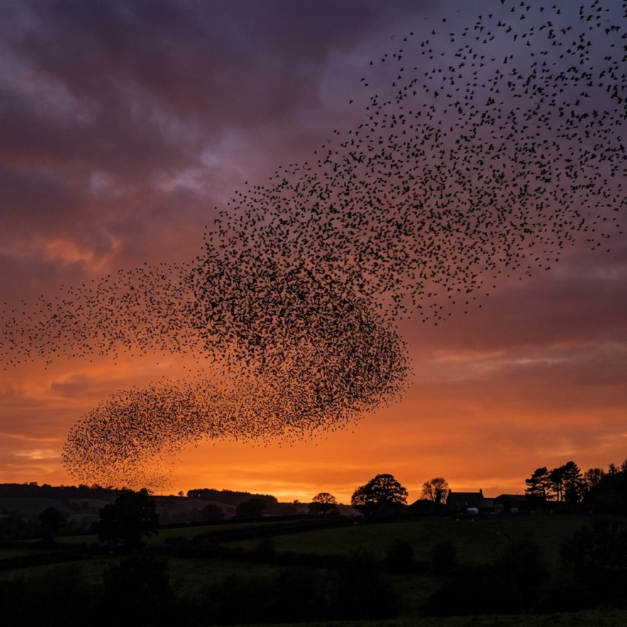 Starling murmuration forming a swirling organic shape at dusk
