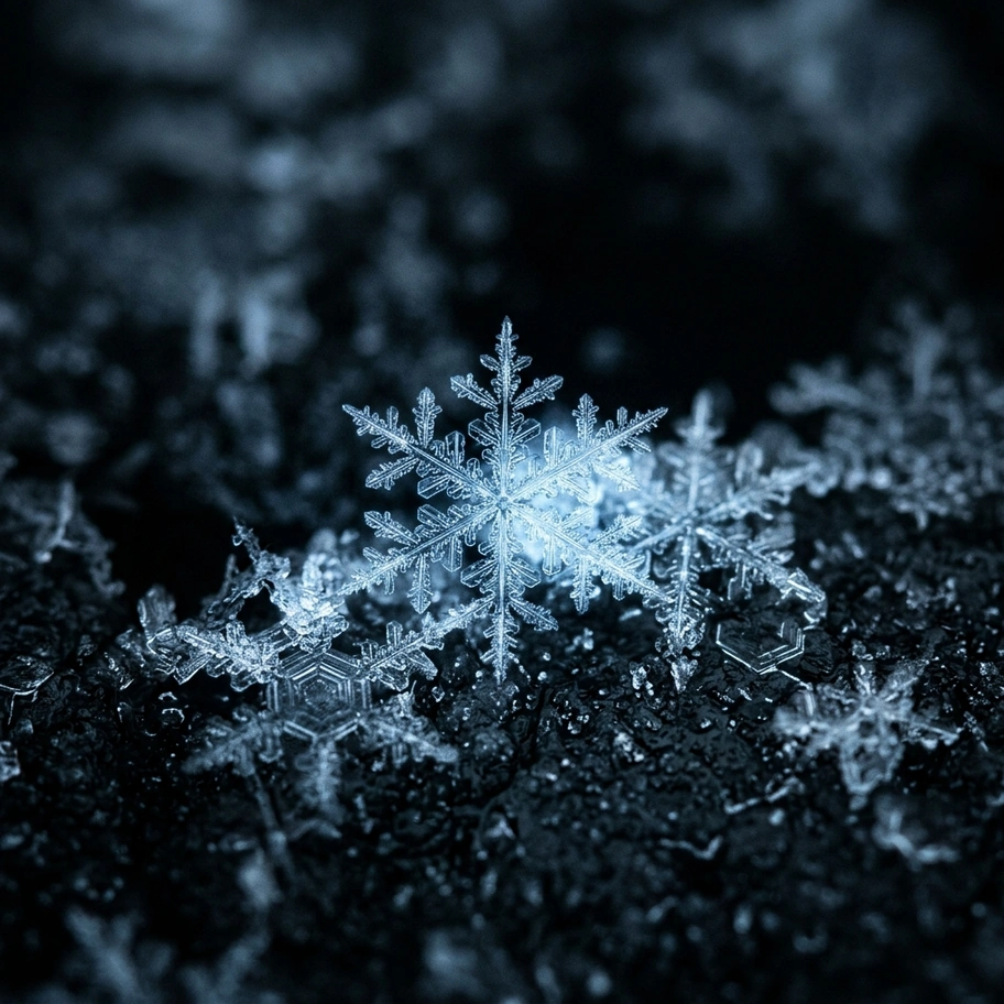 Intricate snowflake crystals forming from simple molecular interactions