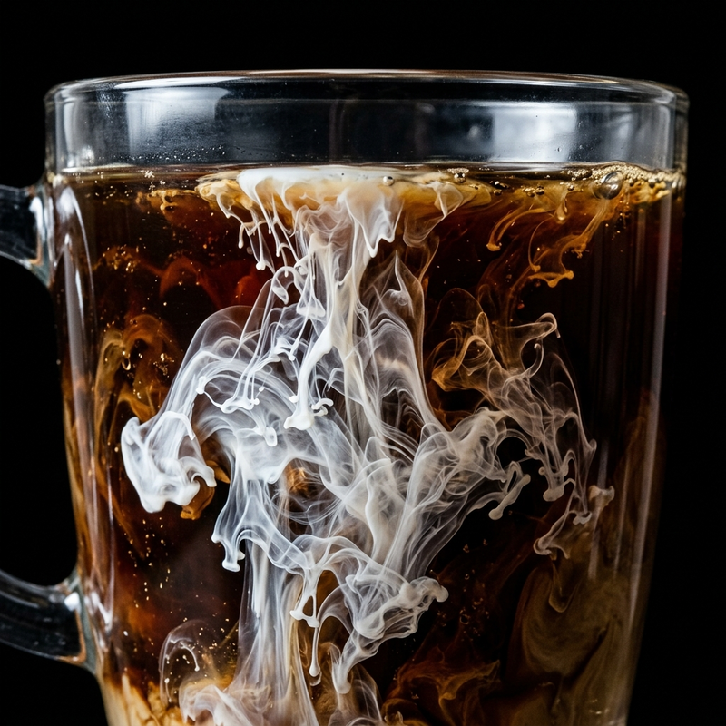 Milk dispersing into coffee showing irreversible mixing