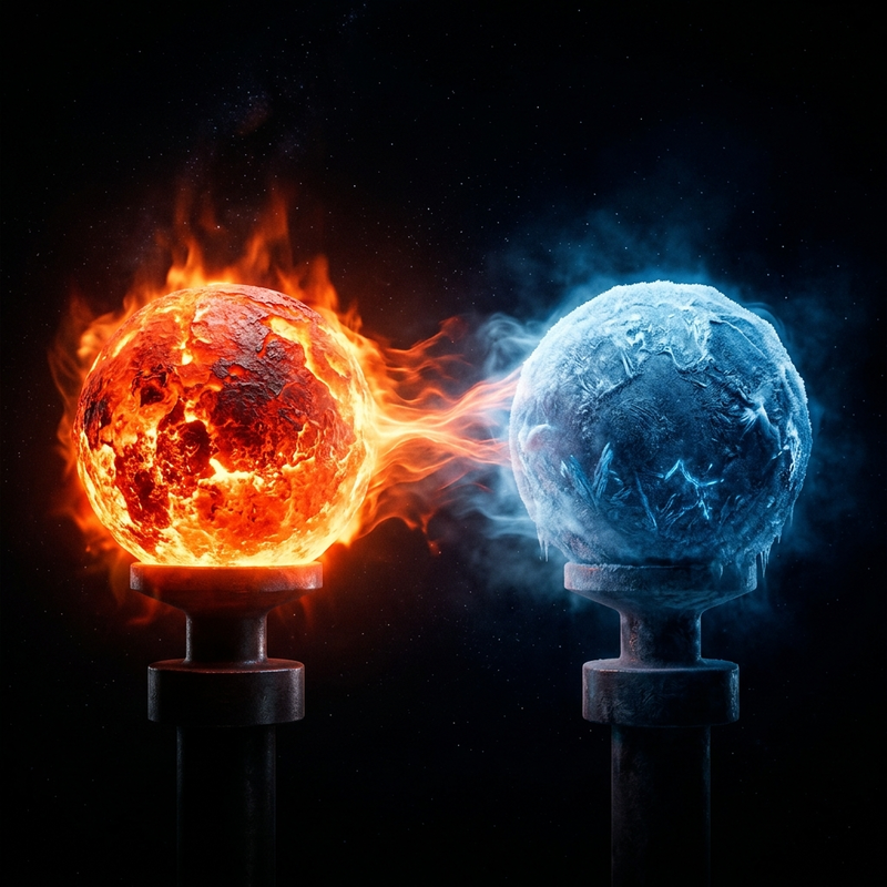 Hot object and cold object with heat flowing from hot to cold