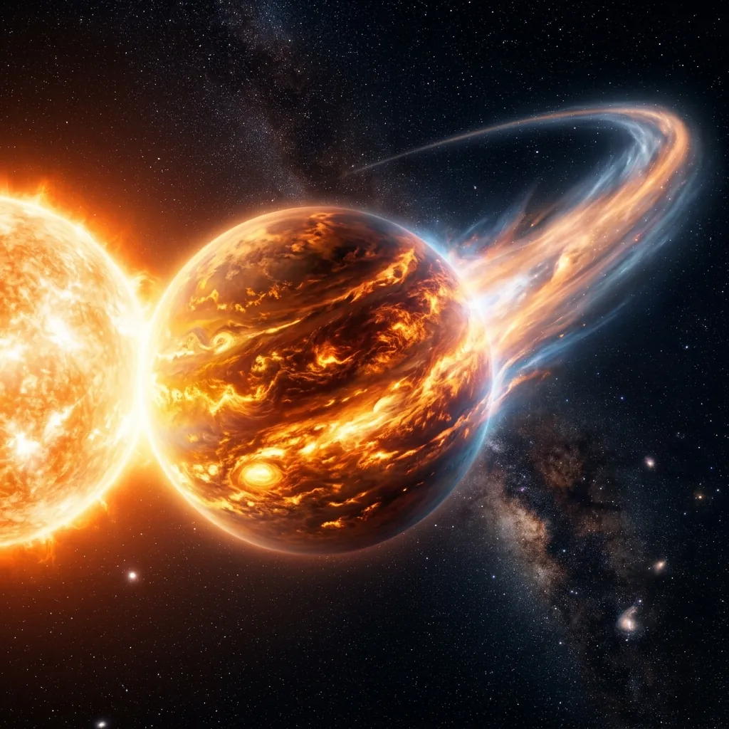 An enormous gas giant orbiting scorchingly close to its star, its dayside glowing molten orange, a faint comet-like tail of stripped atmosphere streaming behind it