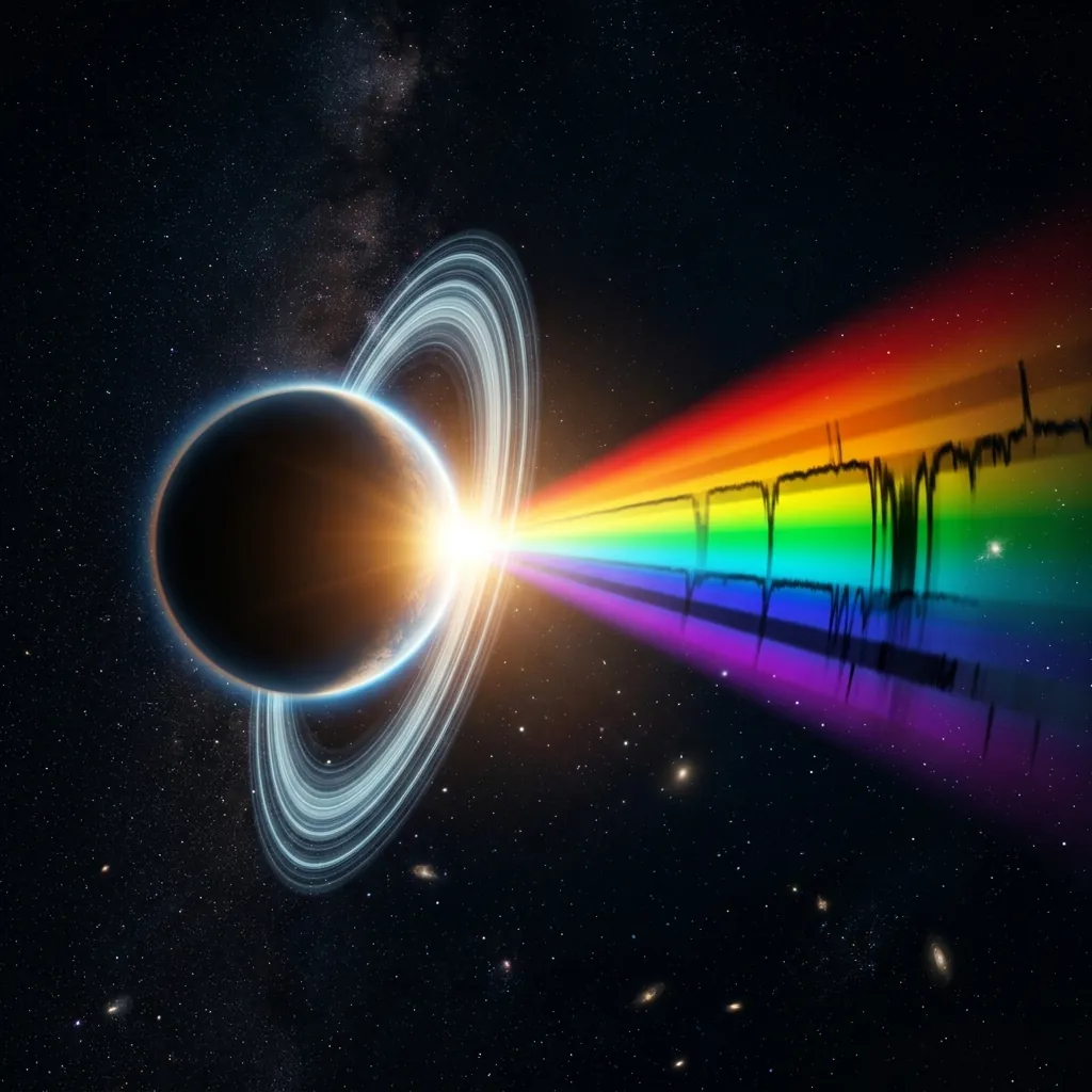 Starlight streaming through the thin illuminated ring of a planet's atmosphere during transit, the beam splitting into a spectrum with several dark absorption gaps