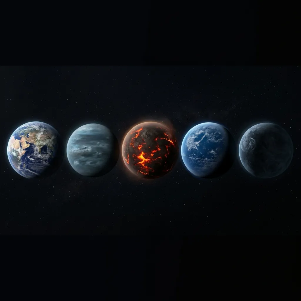 A lineup of diverse worlds to scale against Earth on a black background &ndash; a super-Earth, a mini-Neptune, a lava world glowing on its dayside, an ocean-covered planet, and a dark starless rogue planet
