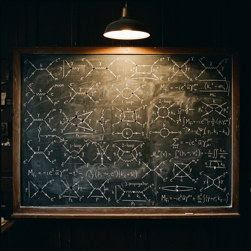 Richard Feynman at a blackboard covered with diagrams