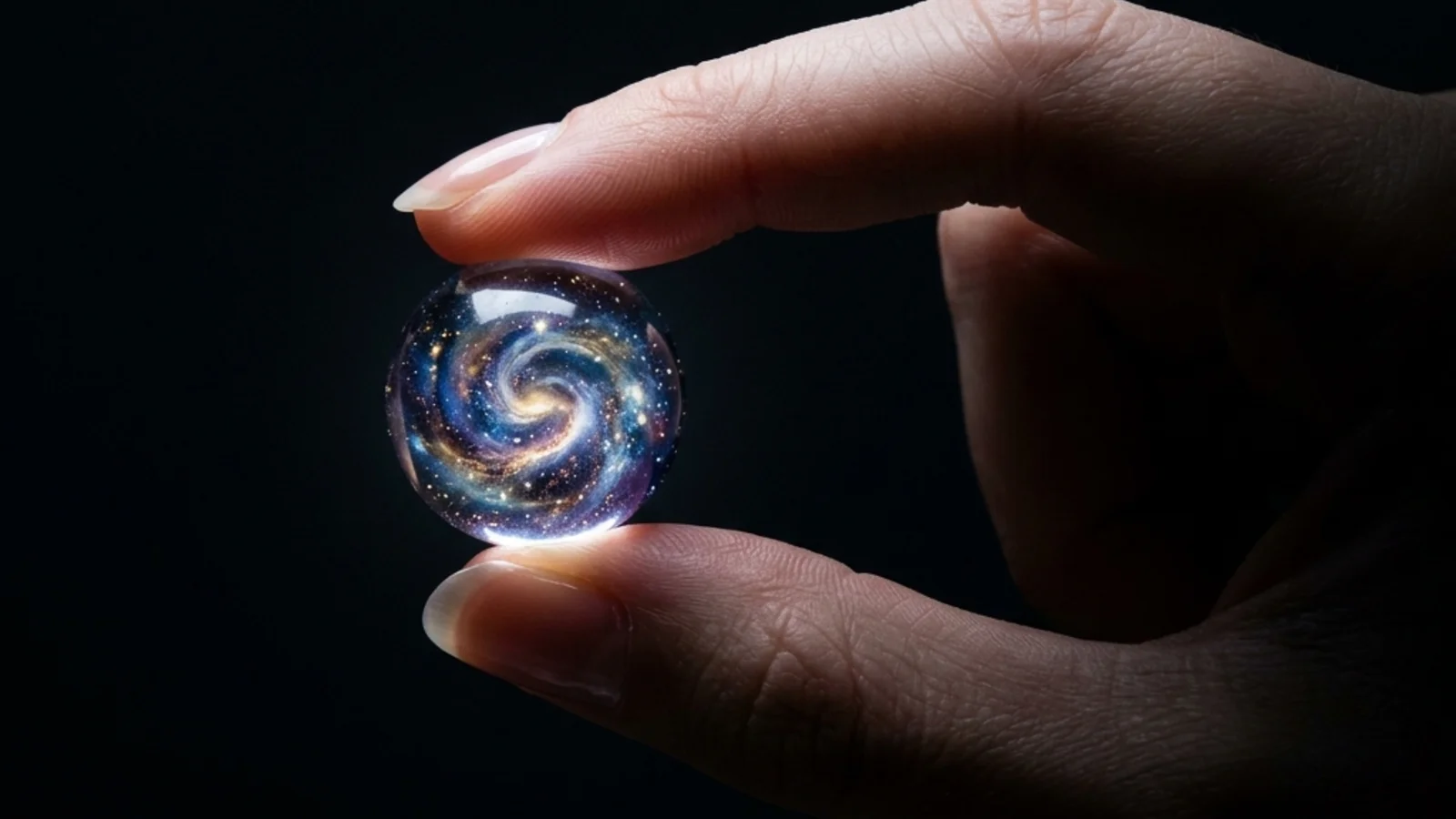 A sleek side-profile close-up of two elegant fingers holding up a tiny, flawlessly glowing universe against a deep dark background