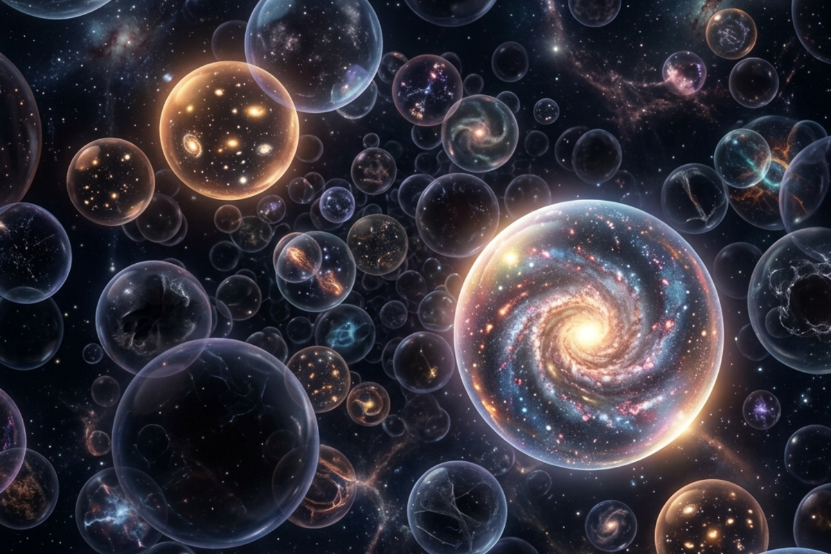 Countless translucent bubble universes floating in a void, one highlighted with a spiral galaxy representing our universe