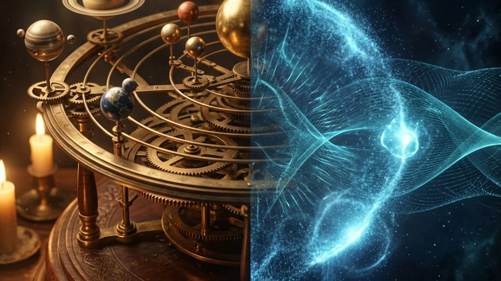 Cinematic split-composition: an antique brass orrery on the left dissolves through a luminous golden-to-cyan transition into a glowing modern quantum probability cloud on the right