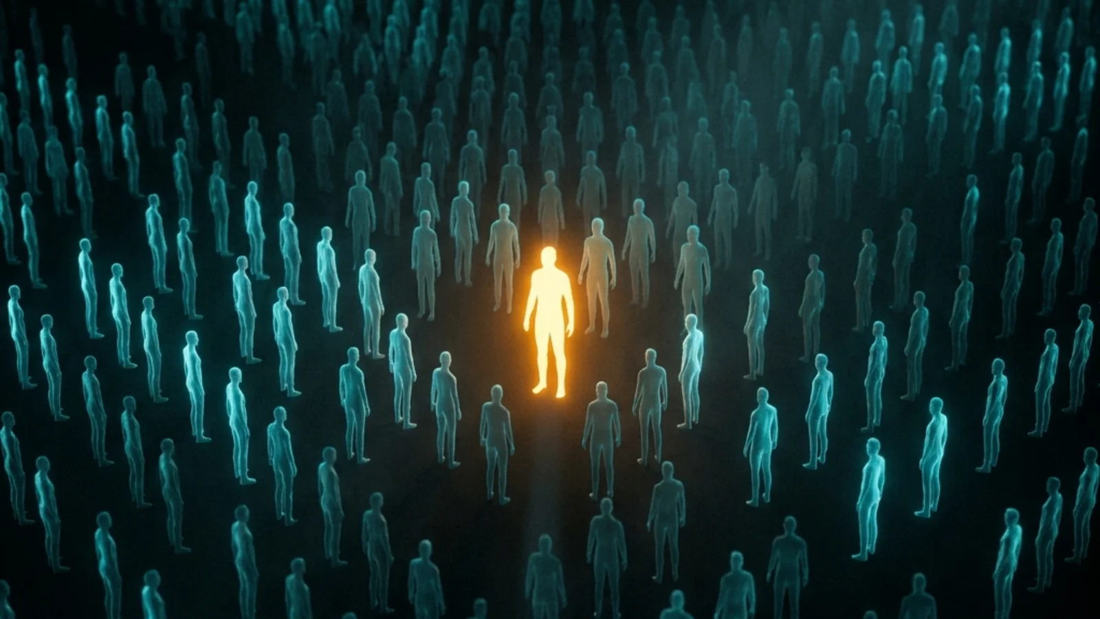Stylized minimalist bell curve formed from rows of translucent human silhouettes, brightly lit at the central peak, fading toward both tails, with a single warm-amber outlier glowing far to the right
