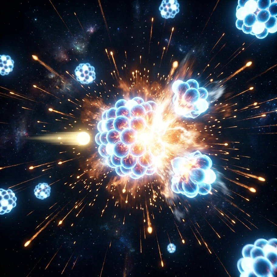 Nuclear fission chain reaction showing one neutron splitting a uranium nucleus which releases more neutrons that split more nuclei in an exponential cascade