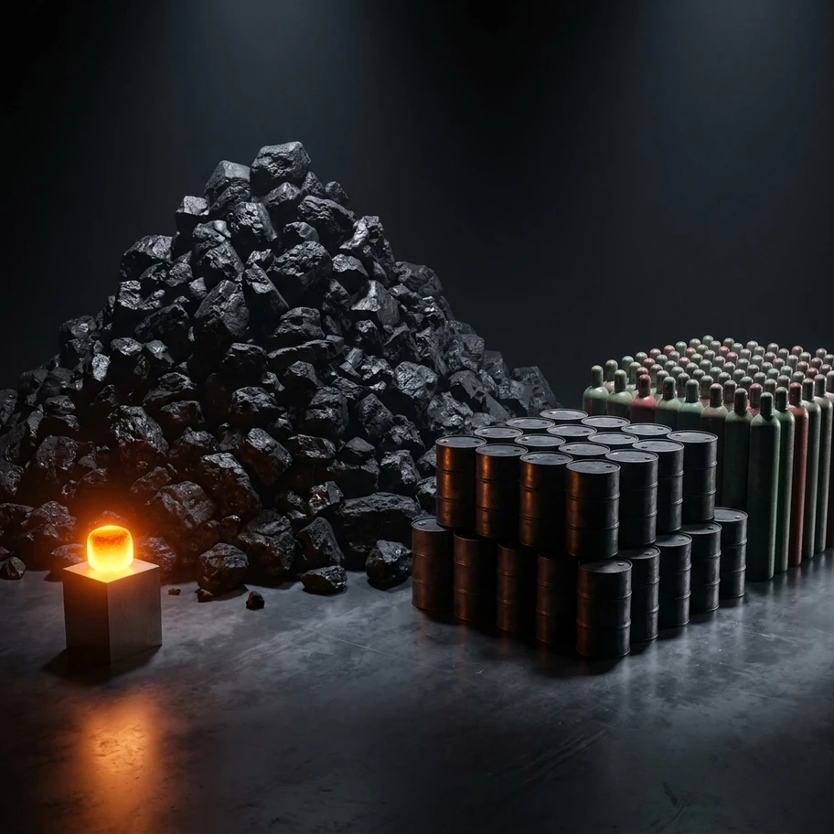 Comparison of energy density and waste between nuclear fission and fossil fuels showing a tiny fuel pellet versus tons of coal