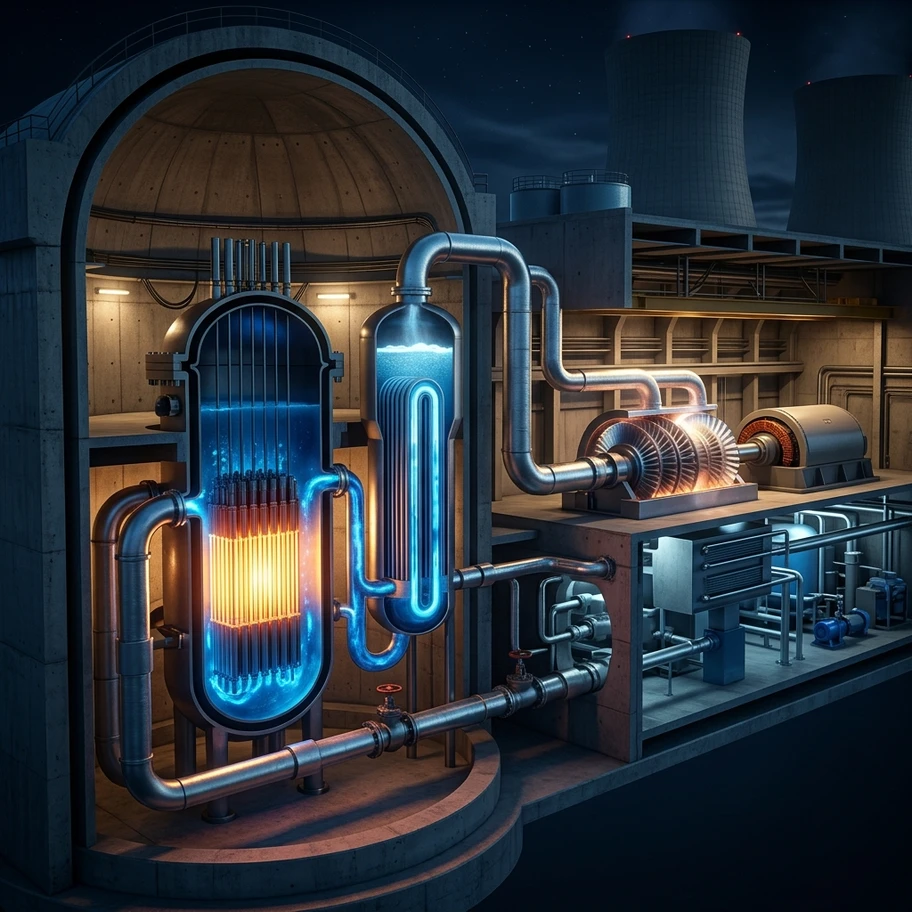 Cutaway diagram of a pressurized water nuclear reactor showing fuel rods, control rods, coolant loops, steam generator, and turbine