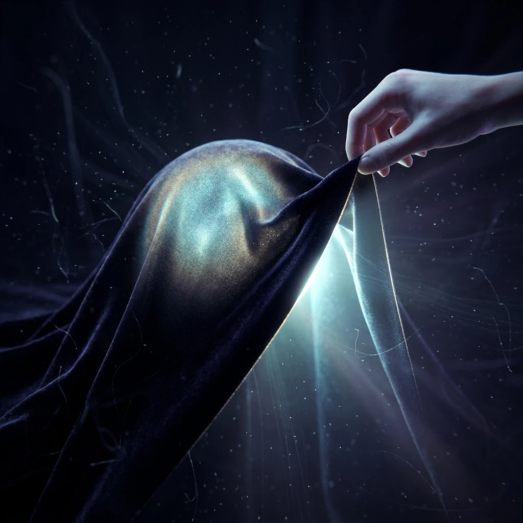 A dark cloth draped over a brilliant hidden light source, its glow bleeding through the fabric, with a hand at one corner about to lift it