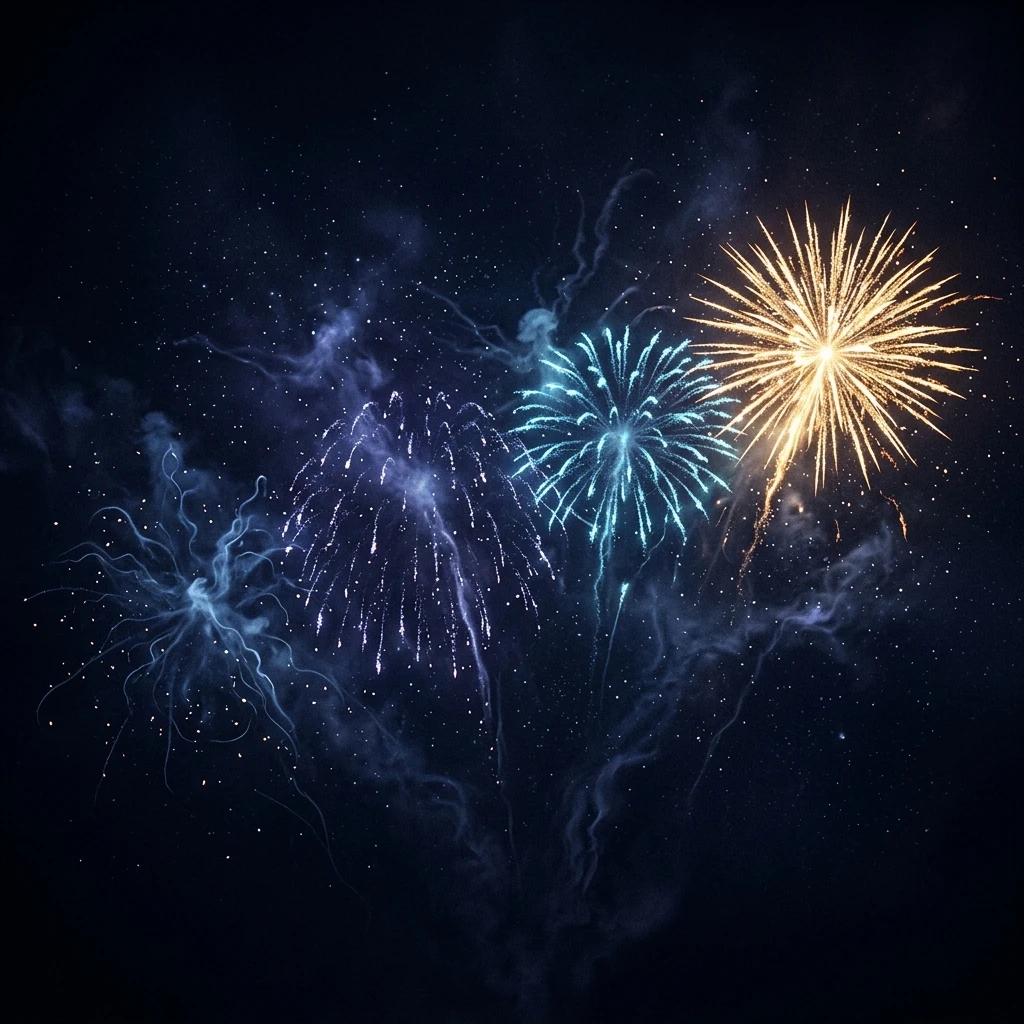 Several spent fireworks fading into drifting embers against a black sky, with one burst still at its bright peak