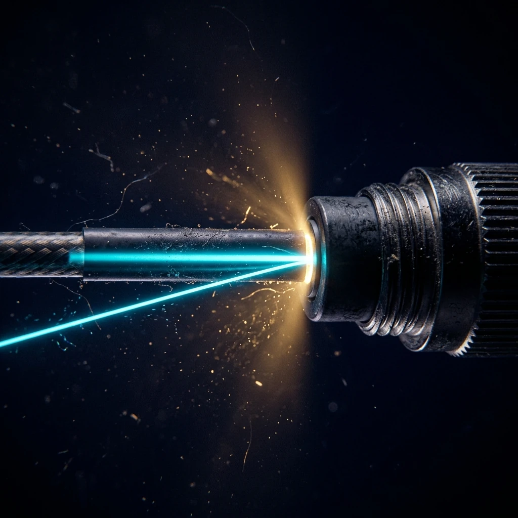 Extreme macro of an optical fiber joint with a hairline gap, warm light bleeding out of the seam into darkness while the beam continues onward