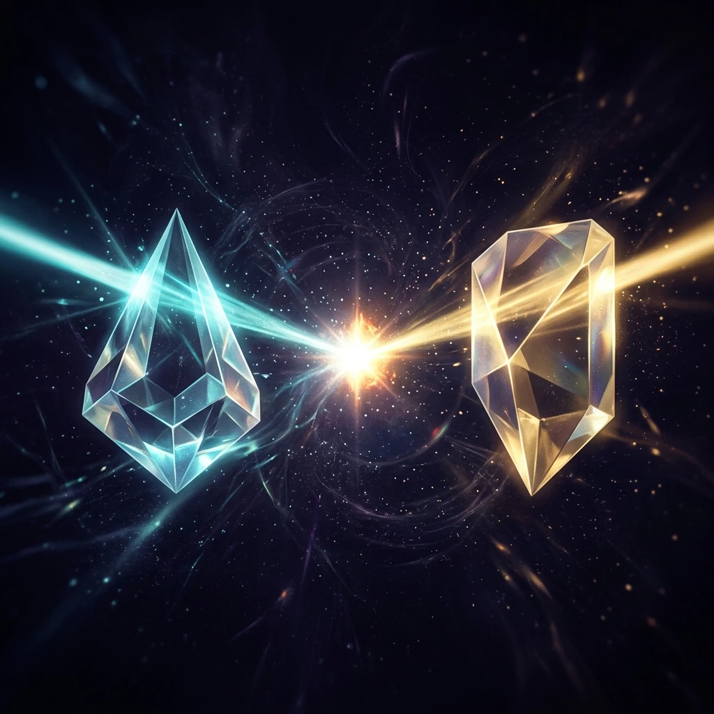 Two differently cut crystal prisms on opposite sides of a dark field, each bending its own beam, both beams converging on a single brilliant point