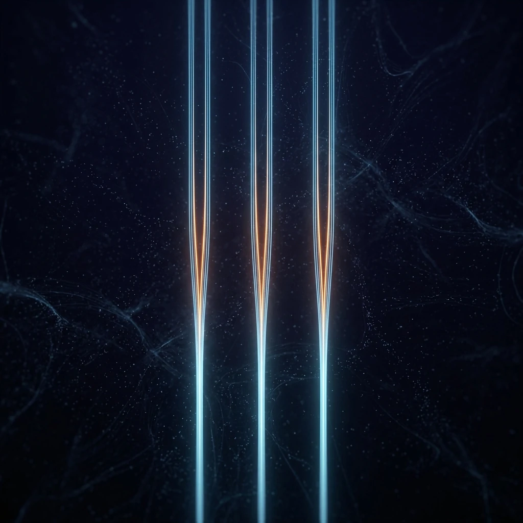 Three vertical threads of light against black, each split into two strands that run parallel without ever merging, the gap between them glowing