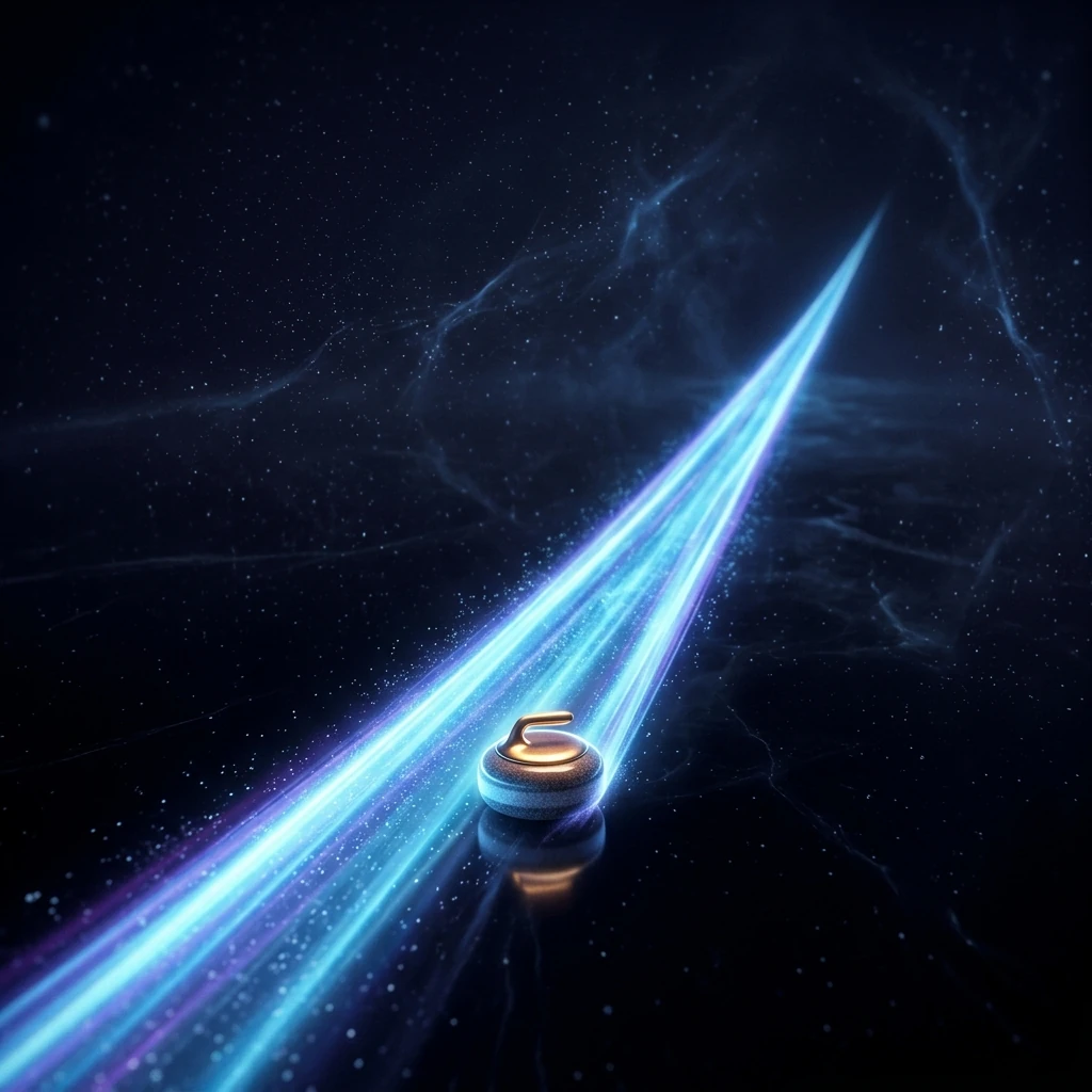 A curling stone gliding across a perfectly black mirrored sheet of ice, leaving a long luminous trail that runs off into the distance with no sign of stopping
