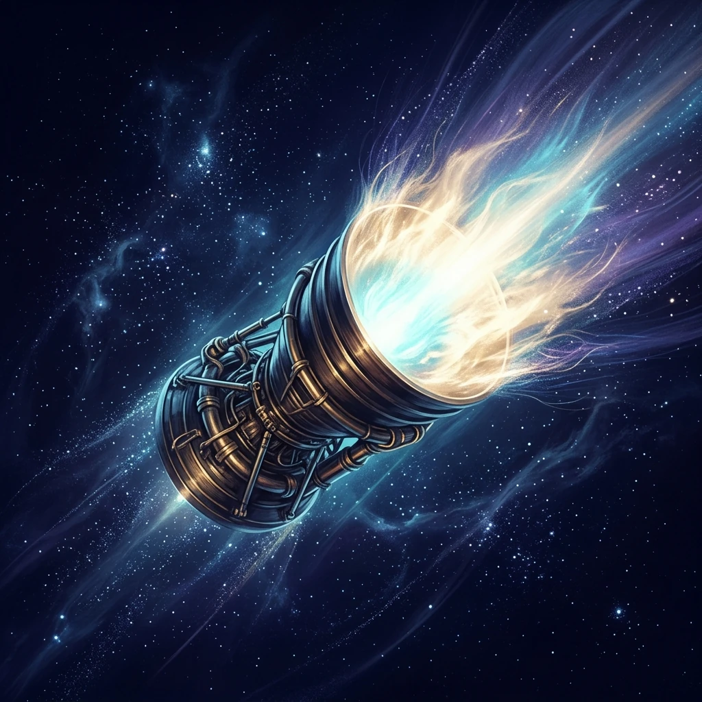 A rocket engine firing in complete void, its exhaust plume blooming freely into blackness with nothing around it to push against