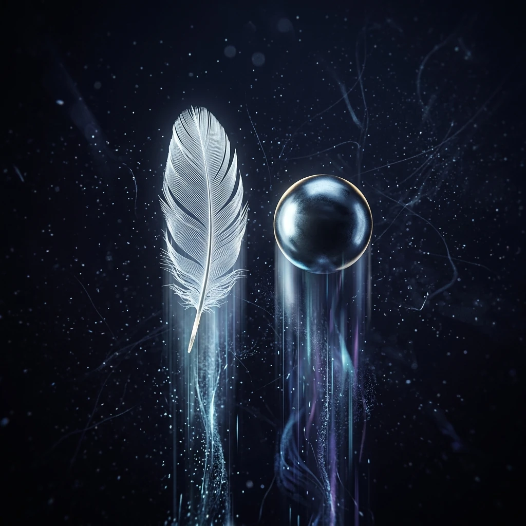 A white feather and a polished metal sphere falling side by side at exactly the same height against blackness, each trailing a streak of motion behind it