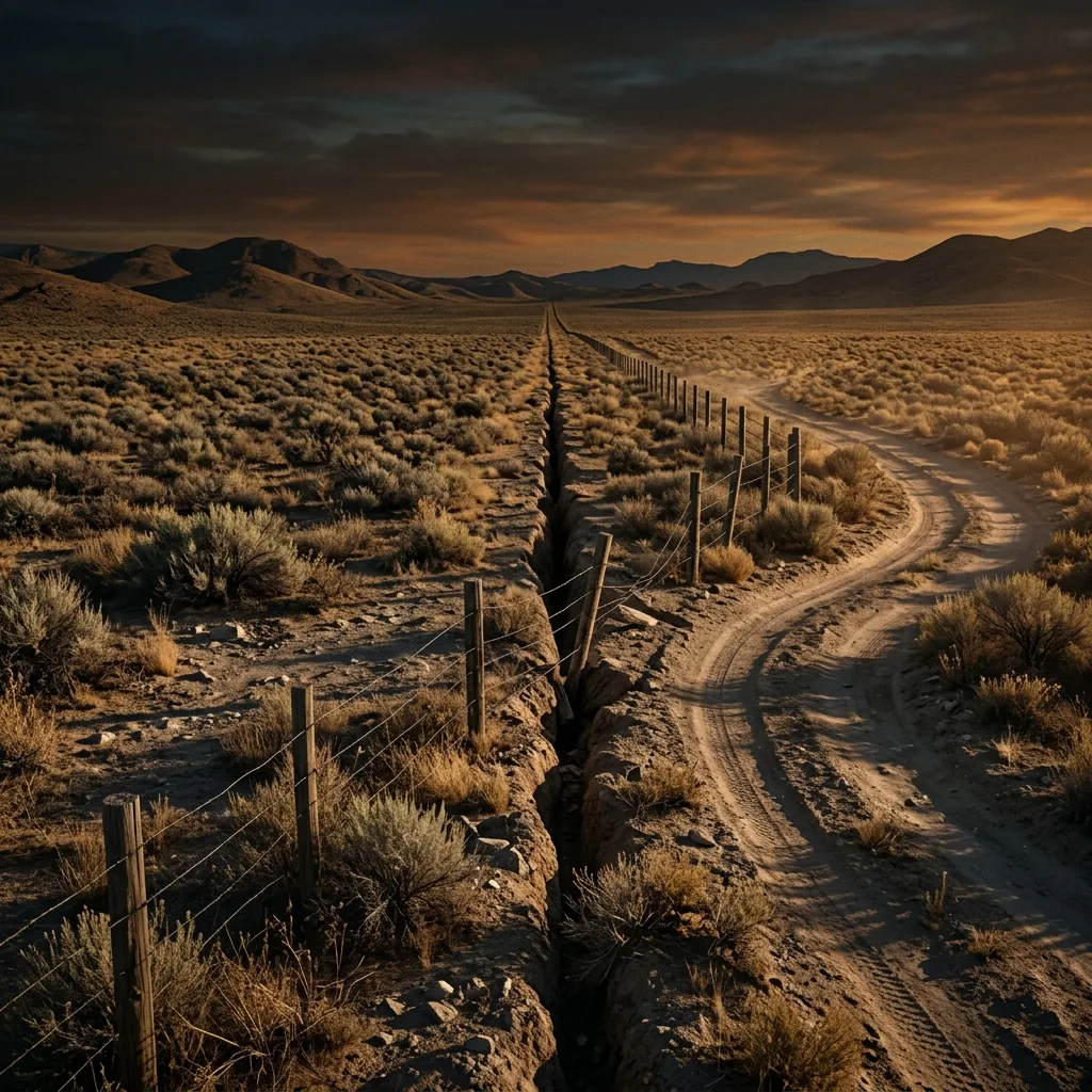 A dry landscape split by a long straight fault line running toward the horizon, one side offset from the other by a few metres so that a fence and a road step sideways where they cross it, under a low evening sun