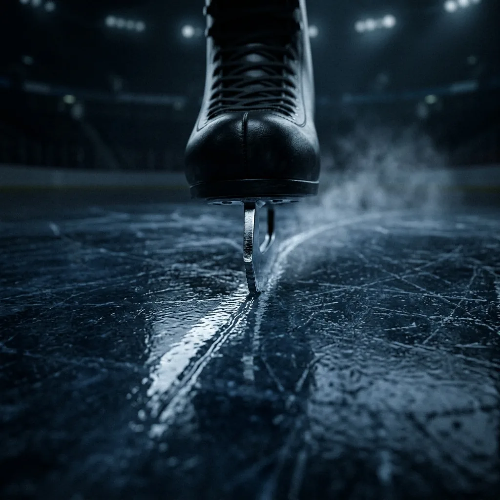 A skate blade seen from ice level gliding toward the viewer across a dark rink, a thin bright film of water gleaming along the line of contact and a faint trail of vapour behind it