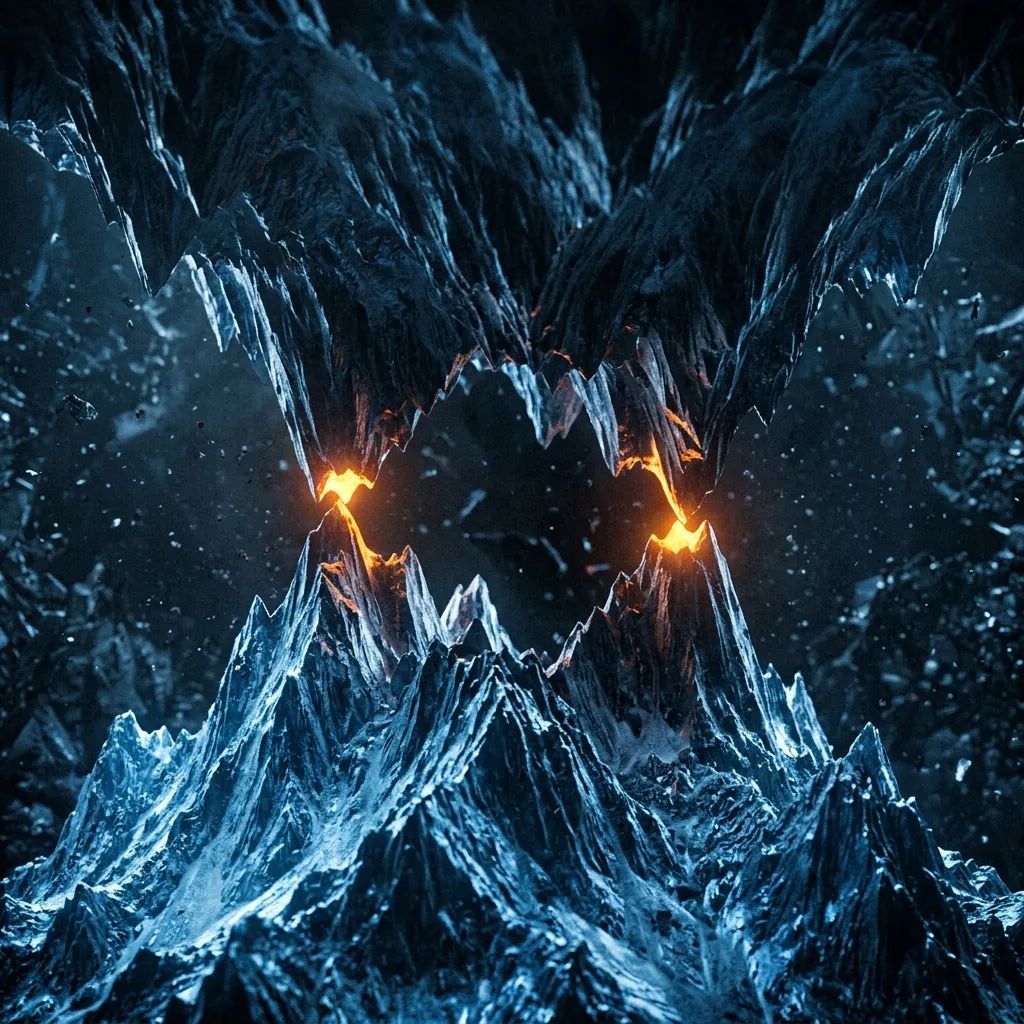 Two jagged mountain ranges facing each other, one rising from below and one hanging inverted from above, meeting only where a few peaks touch, each point of contact glowing orange in an otherwise cold blue scene