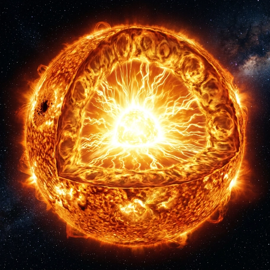 Cross-section of Sun showing nuclear fusion reactions in core