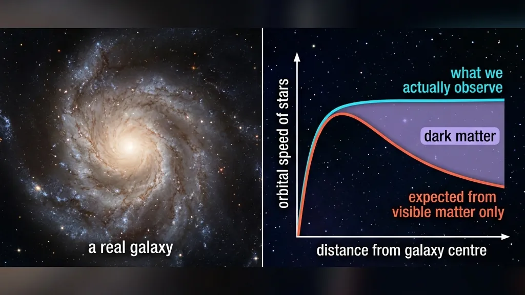 Two overlapping rotation-curve plots: one predicted from visible matter falling off, the other observed staying flat - with the shaded gap showing where dark matter dominates