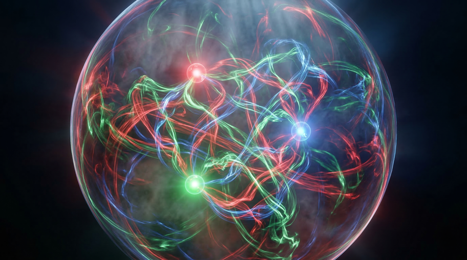 Proton Interior Showing Quarks Surrounded by Gluon Field Energy