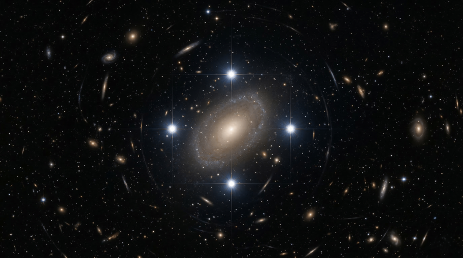 Einstein Cross Gravitational Lensing Bending Light from Distant Quasar into Four Images