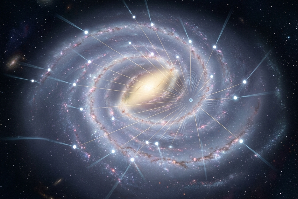 Dozens of pulsars scattered across the Milky Way with faint spacetime ripples connecting each one to Earth, illustrating a galaxy-sized gravitational wave detector